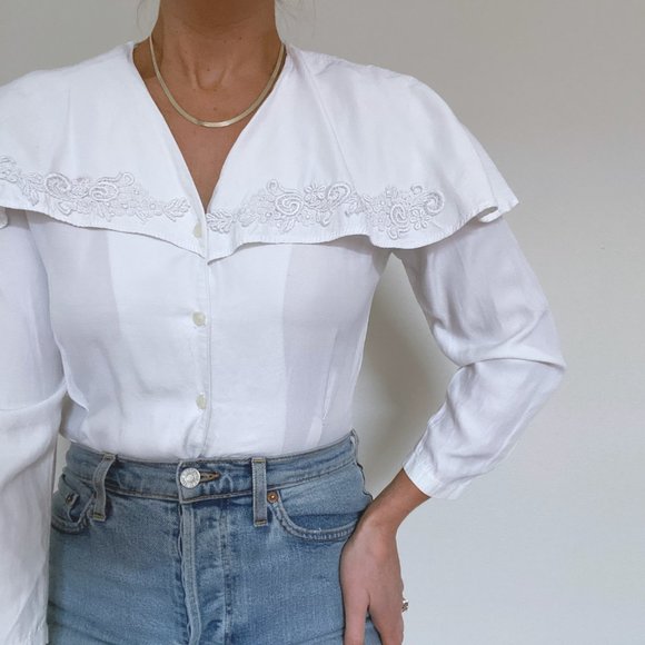 Vintage Tops - White Floral Embroidered Collar Button Down Blouse